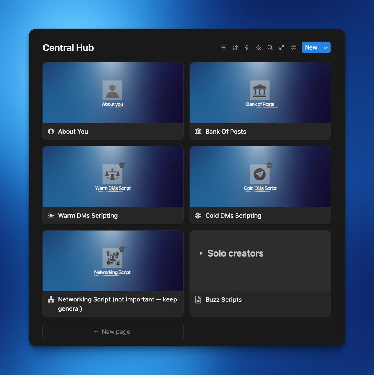 Anonymized Notion CRM workspace preview with client content hubs and scripts