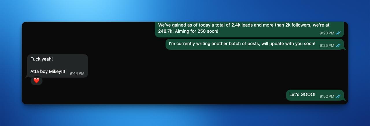 Anonymized client message celebrating 2.4K leads and growth to 248.7K followers