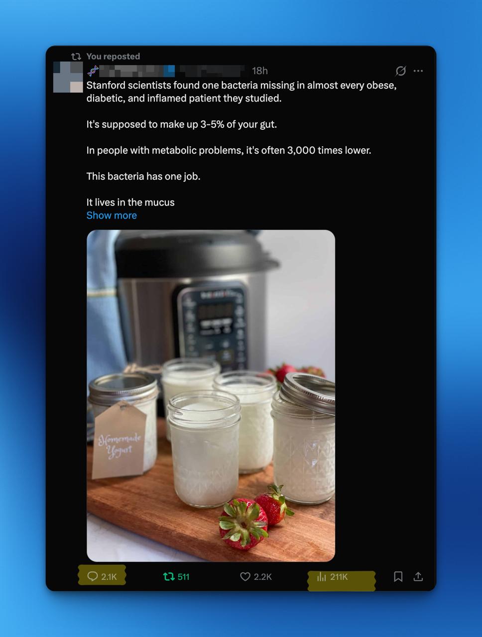 Recent anonymized lead magnet post showing 2.1K replies, 511 reposts, 2.2K likes, and 211K views