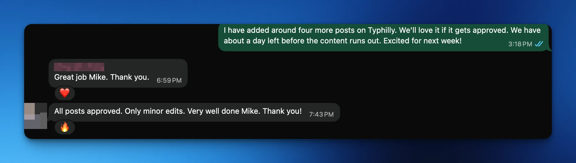 Blurred Client CB communication screenshot approving posts and thanking Mike