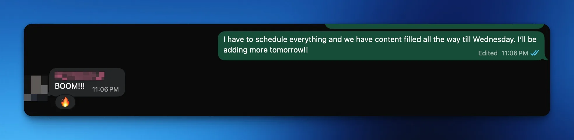 Blurred Client CB communication screenshot reacting to content being scheduled