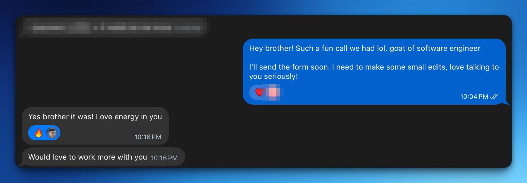 Client message after a call: love the energy in you, would love to work more with you