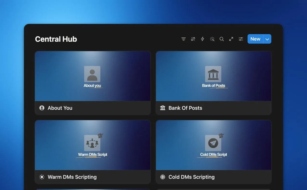 Anonymized Notion CRM workspace preview with client content hubs and scripts