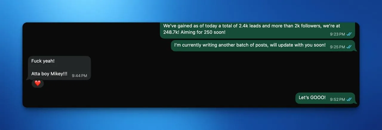 Anonymized client message celebrating 2.4K leads and growth to 248.7K followers